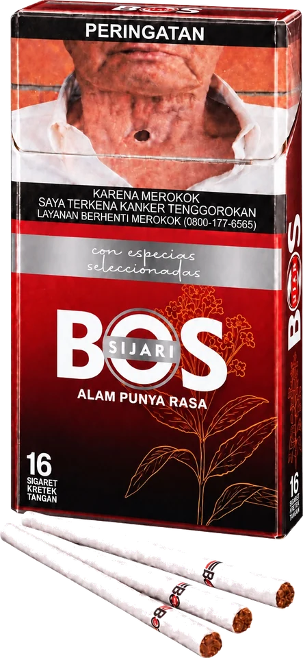Kemasan BOS Sijari Merah Slim dengan batang rokok di depannya