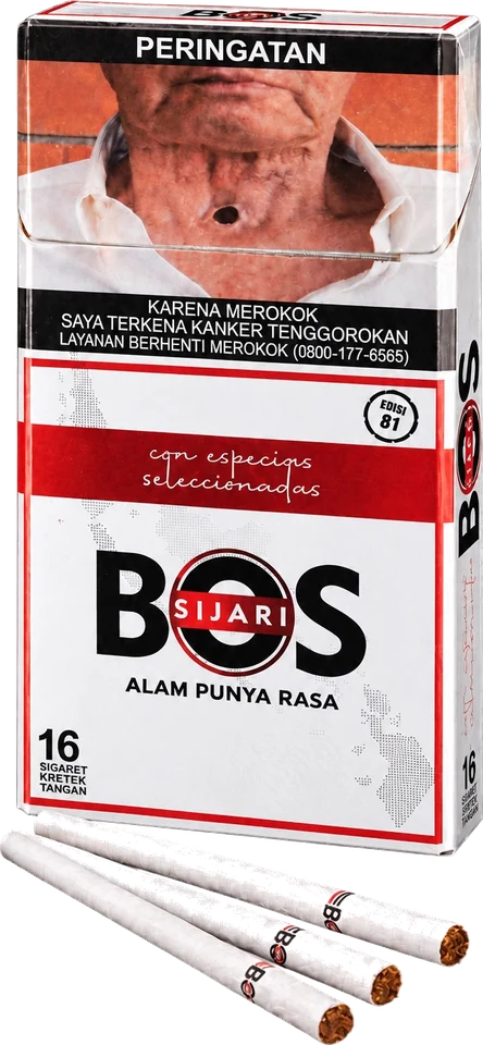 Kemasan BOS Sijari Putih Slim dengan batang rokok di depannya