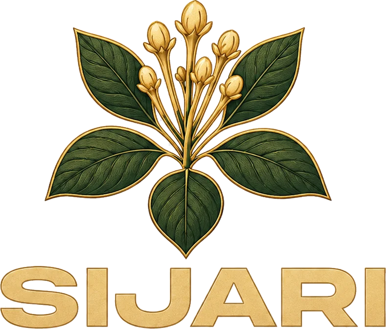 Logo SIJARI: setangkai kuncup emas di antara daun hijau tua